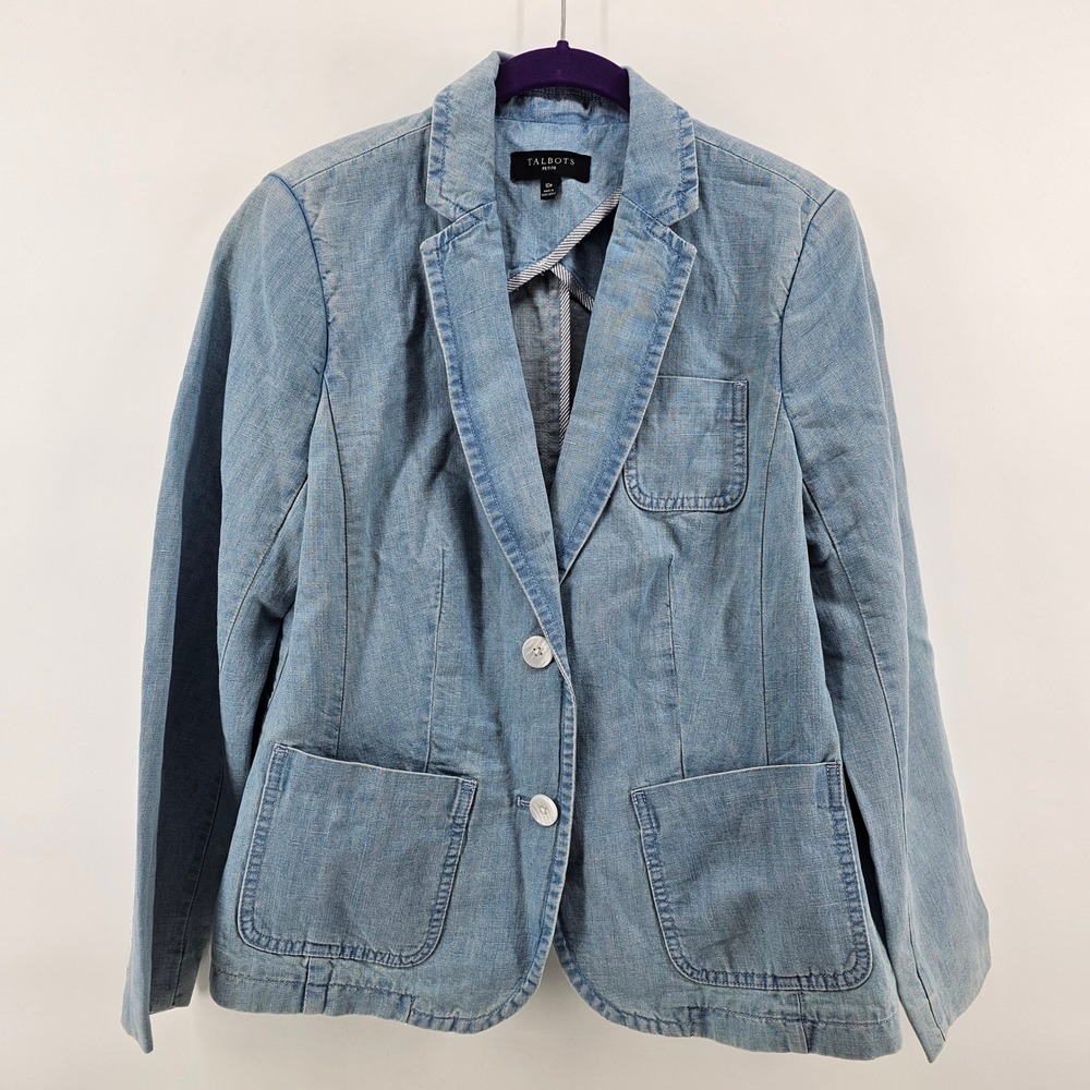 Talbots Blazer Women 10P Blue Cotton Hemp Blend Two Button Casual Jacket
